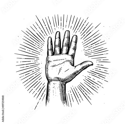 palm hand sunburst engraving black and white outline