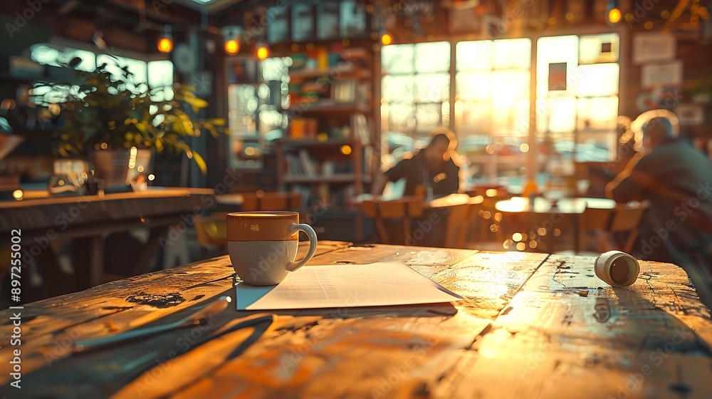 Hot Coffee cup and coffee beans roating on the wooden table and the coffee shop background Hot Coffee cup and coffee beans roating on the wooden table and the coffee shop background
