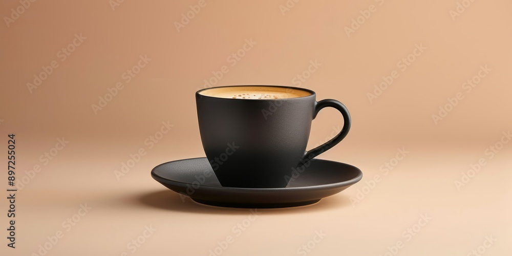 Elegant Black Coffee Cup on Matching Saucer in Minimalistic Setting Elegant Black Coffee Cup on Matching Saucer in Minimalistic Setting