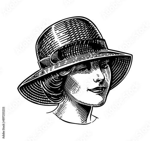 chapeau cloche woman engraving black and white outline