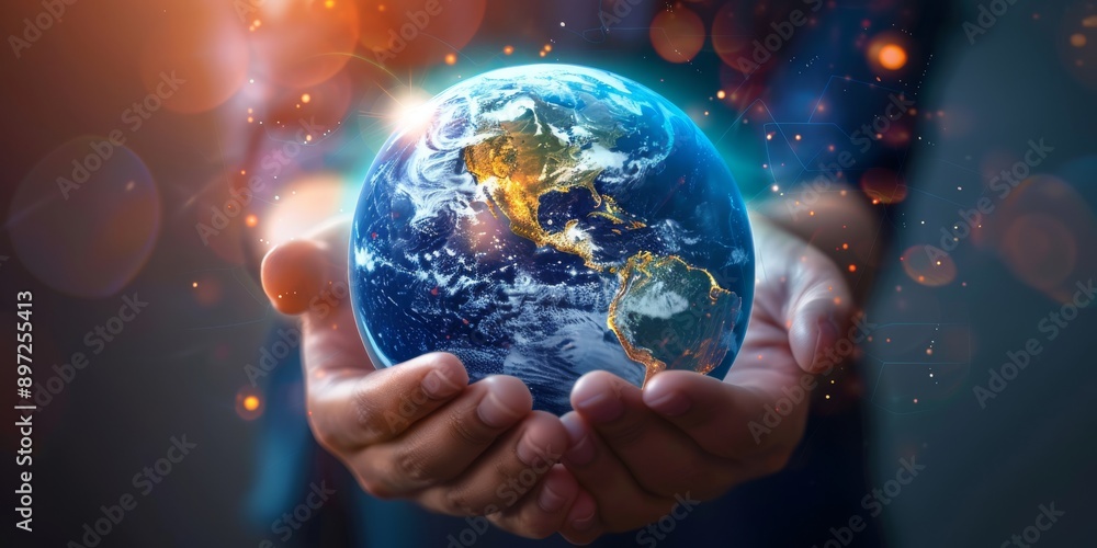 Hands cradle a radiant Earth, symbolizing global care and responsibility towards our planet and future generations Hands cradle a radiant Earth, symbolizing global care and responsibility towards our planet and future generations