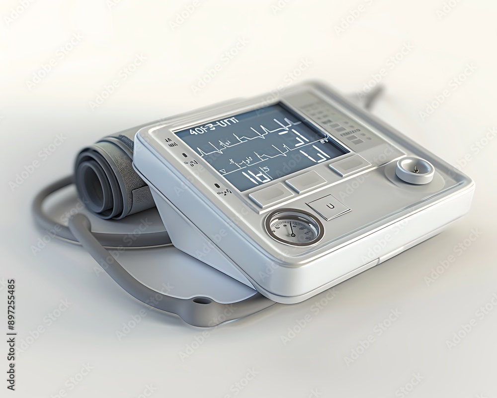 A modern digital sphygmomanometer with a clear display lying on a white surface The cuff is neatly rolled and the device looks ready for use A modern digital sphygmomanometer with a clear display lying on a white surface The cuff is neatly rolled and the device looks ready for use