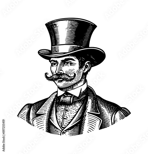 gentleman classic top hat engraving black and white outline