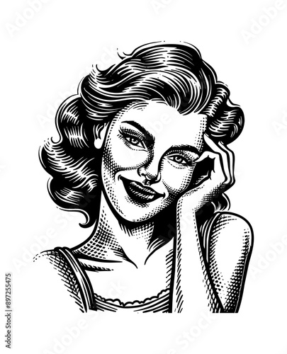 beautiful retro woman engraving black and white outline