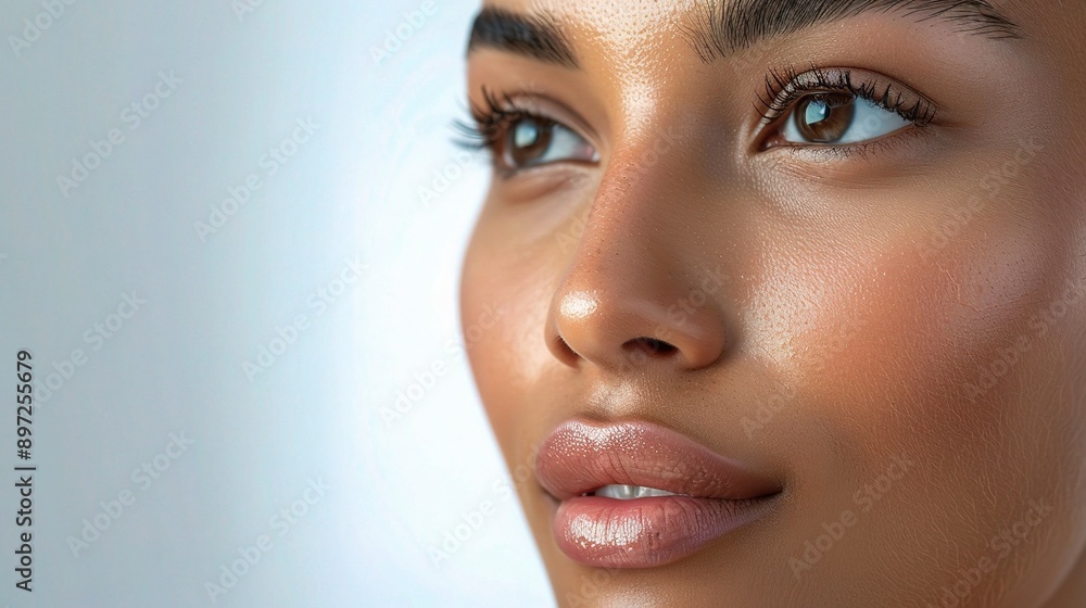 Skincare, sensual and woman in studio for natural, beauty and cosmetic facial treatment. Dermatology, clean and headshot of young Indian female model with glow moving isolated by a gray background Skincare, sensual and woman in studio for natural, beauty and cosmetic facial treatment. Dermatology, clean and headshot of young Indian female model with glow moving isolated by a gray background