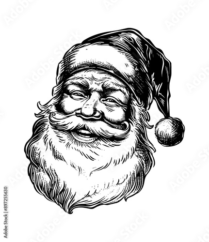 santa smile engraving black and white outline