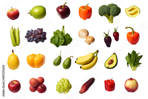 Set of different fresh vegetables and fruits isolated on transparent background