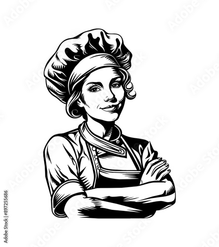 woman chef engraving black and white outline
