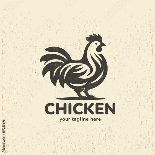 Simple Chicken Monochrome Logo with Vintage Stamp