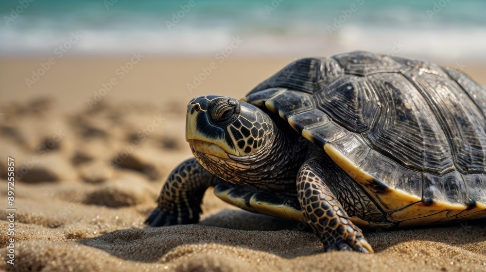 A turtle moving gracefully on the sandy beach. A turtle moving gracefully on the sandy beach.