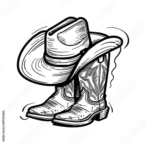 cowboy hat and boot engraving black and white outline
