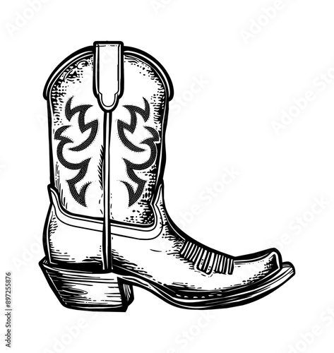 cowboy boot engraving black and white outline