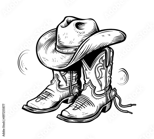 cowboy hat and boot engraving black and white outline