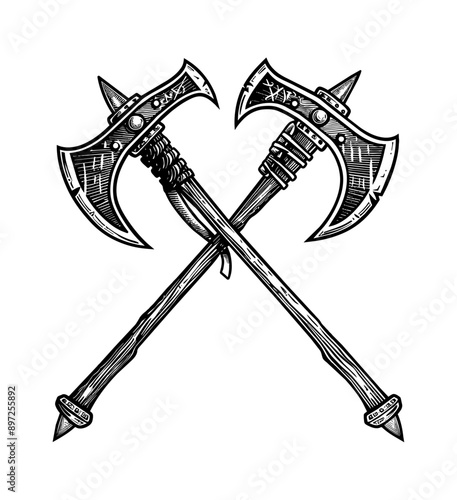 crossed axe medieval engraving black and white outline