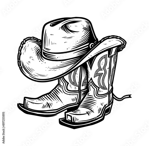 cowboy hat and boot engraving black and white outline