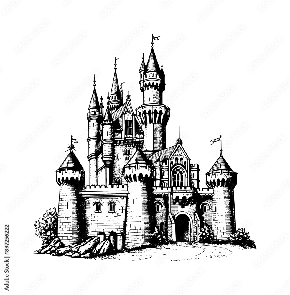 Obraz premium old castle engraving black and white outline