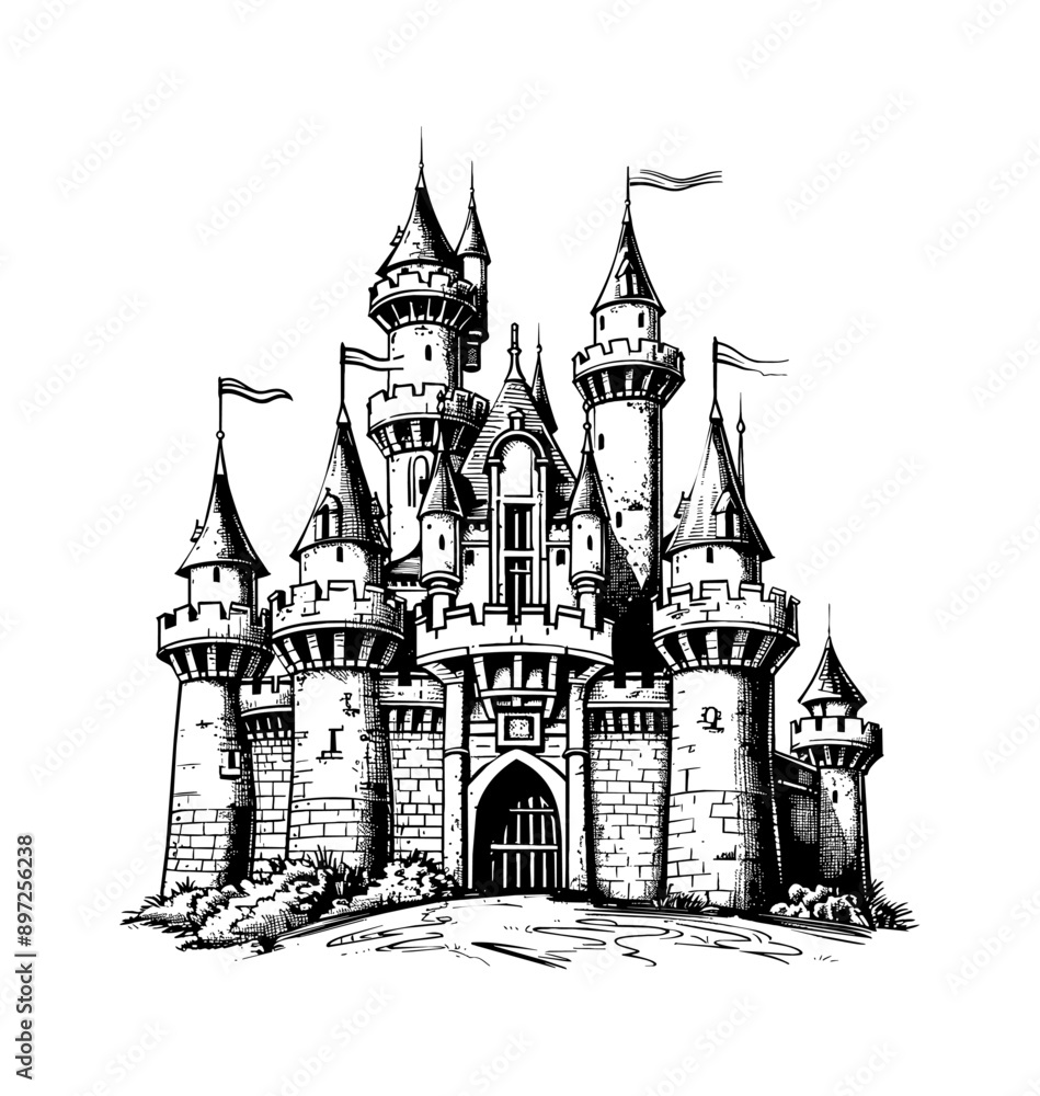 old castle engraving black and white outline old castle engraving black and white outline