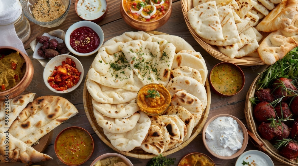 A table set with assorted Indian breads, including naan, roti, and paratha, served with various dips and chutneys. A table set with assorted Indian breads, including naan, roti, and paratha, served with various dips and chutneys.