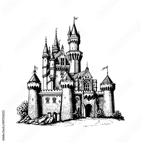 old castle engraving black and white outline