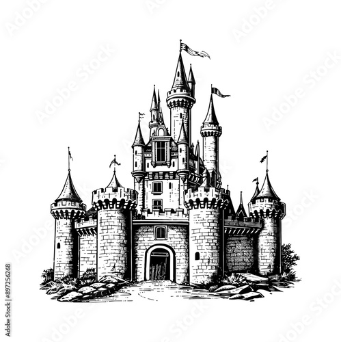 old castle engraving black and white outline