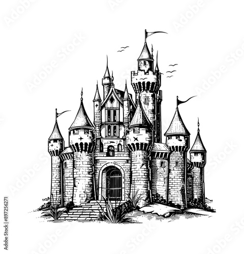 old castle engraving black and white outline