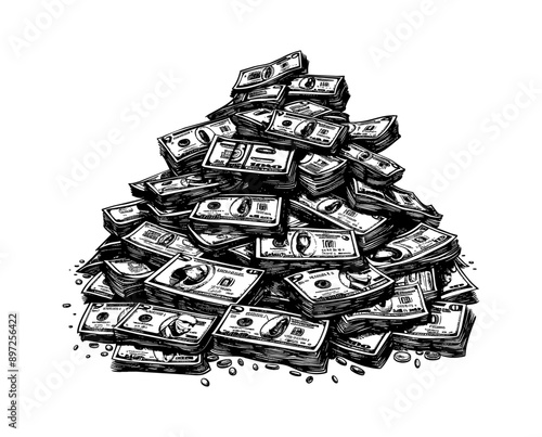 pile money engraving black and white outline