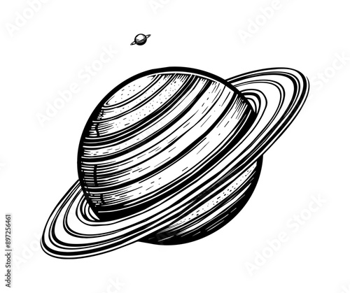 planet saturn engraving black and white outline