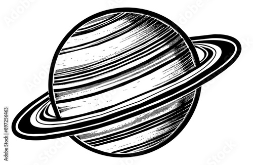 planet saturn engraving black and white outline