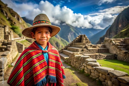 Young Peruvian Boy in Traditional Clothing at Machu Picchu. photo