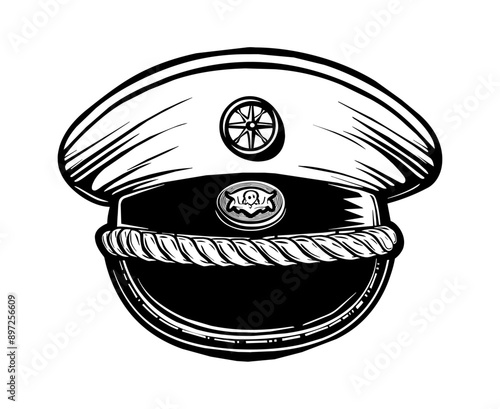 sailor captain hat engraving black and white outline