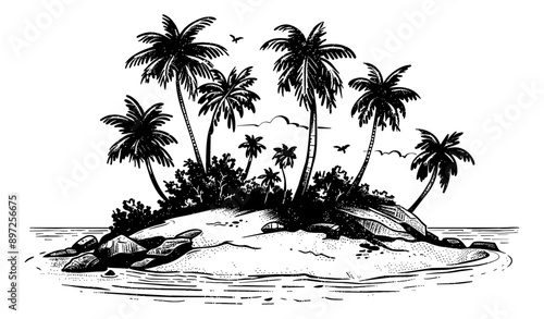 small island palm tree engraving black and white outline