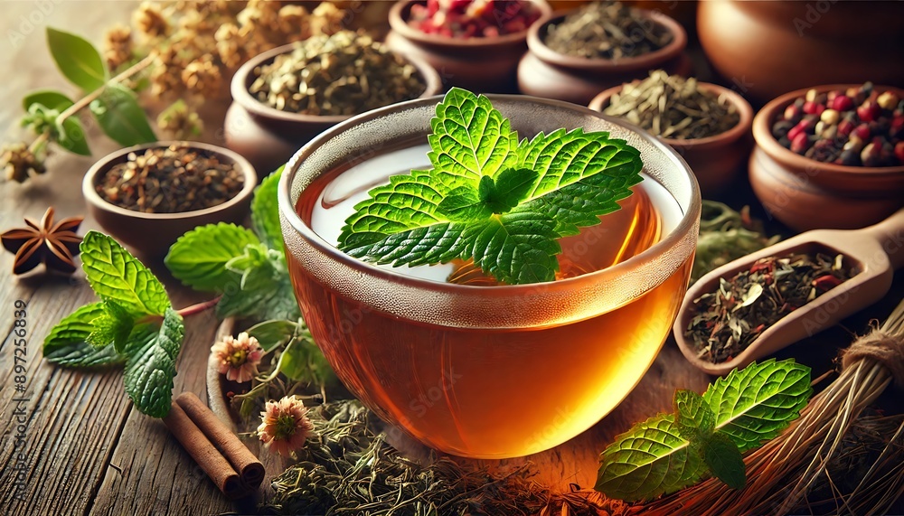 a realistic close-up image of a cup of herbal tea with a fresh mint leaf on top, set against a background of assorted dried herbs and tea leaves in soft focus .Generative AI a realistic close-up image of a cup of herbal tea with a fresh mint leaf on top, set against a background of assorted dried herbs and tea leaves in soft focus .Generative AI