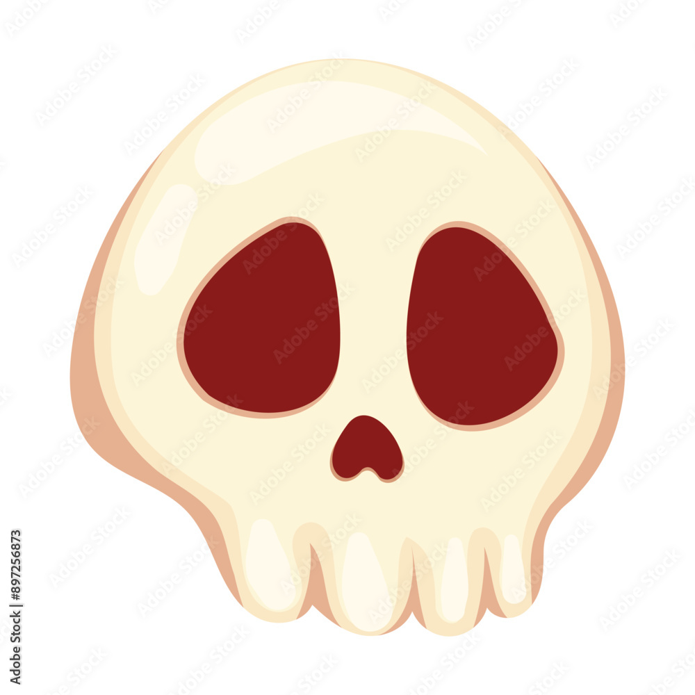 Fototapeta premium Human skull in flat cartoon style isolated on white background. Symbol of death or Jolly Roger. Cute funny decorative item or design element for Halloween, Day of the Dead. Cartoon vector illustration