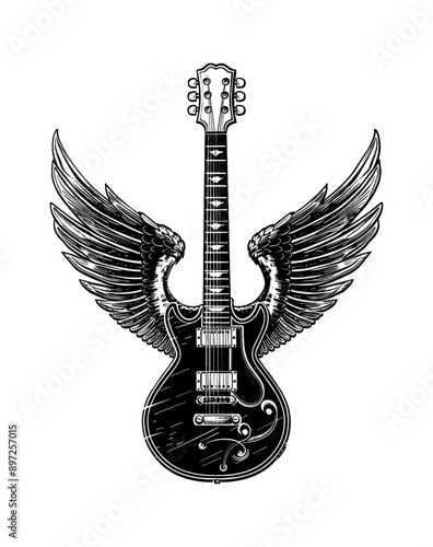 guitar wing engraving black and white outline