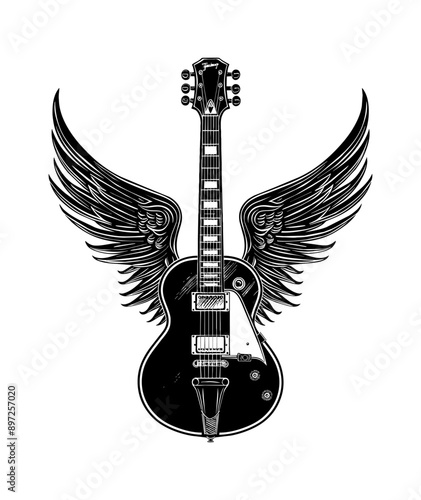 guitar wing engraving black and white outline