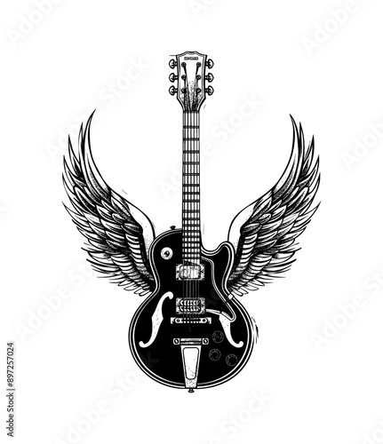 guitar wing engraving black and white outline