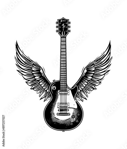 guitar wing engraving black and white outline
