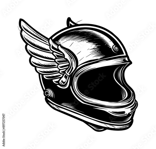 motorcycle helmet wing engraving black and white outline