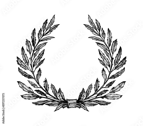 wreath leaf engraving black and white outline