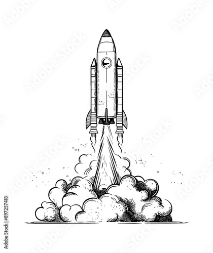 space shuttle rocket launch engraving black and white outline