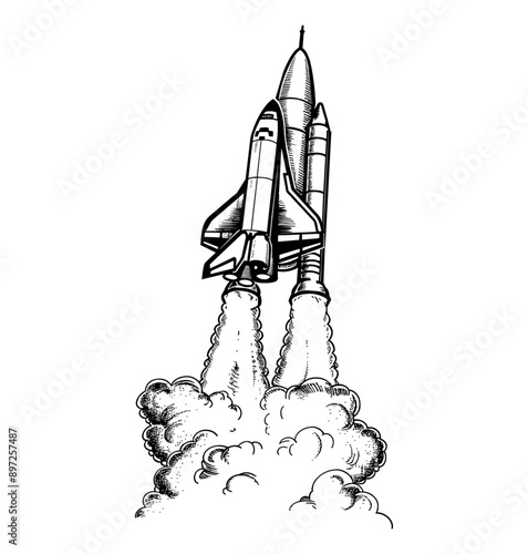 space shuttle rocket launch engraving black and white outline