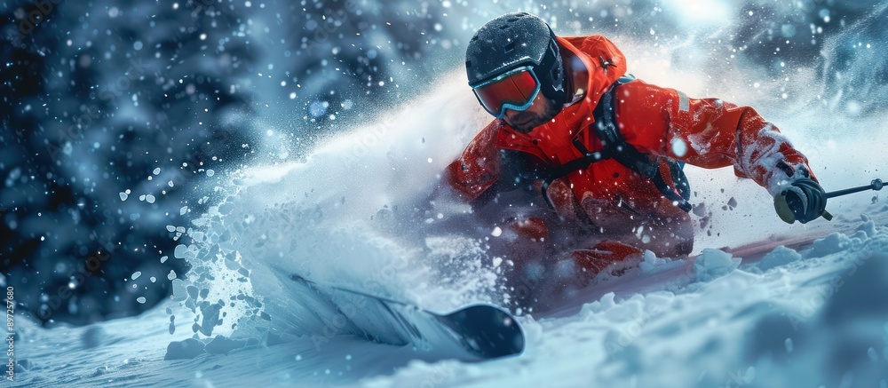 Naklejka premium Skier Carving Through Powdered Snow