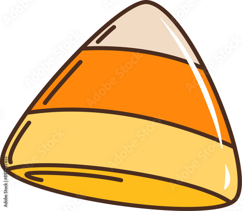 Candy corn cartoon retro 70s 80s groovy Halloween holiday sweets. Isolated vector single piece of classic Halloween treat in vintage style. Candy corn confection with yellow, orange and white colors