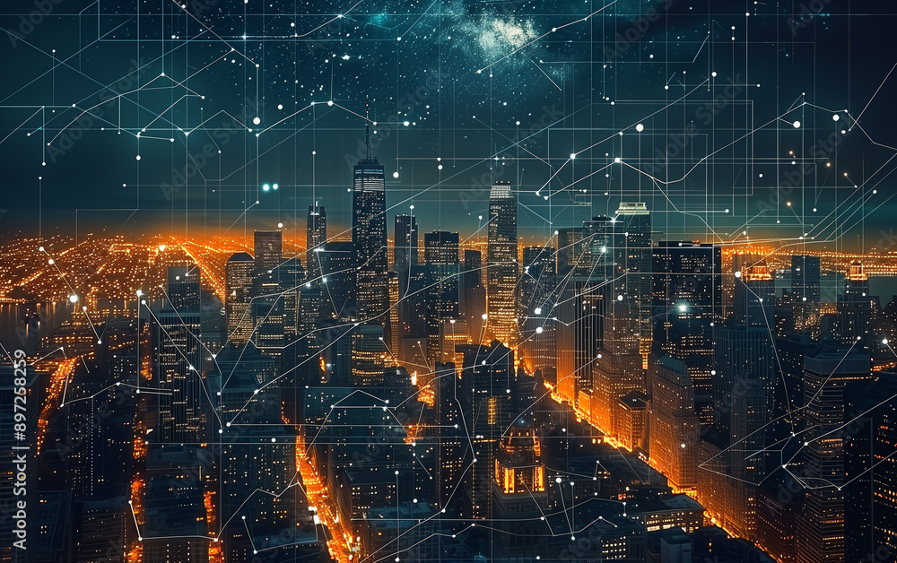 Fototapeta premium Business chart with lines on a city background. Data, analysis, statistics and reporting concept