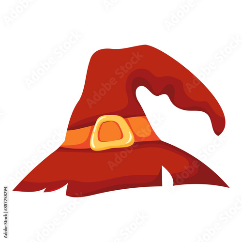 Magician cap with belt, isolated pointy witch hat, part of halloween costume. Sorceress or evil enchanter spooky headwear, festive wear for events. Traditional accessory for all hallows eve vector.