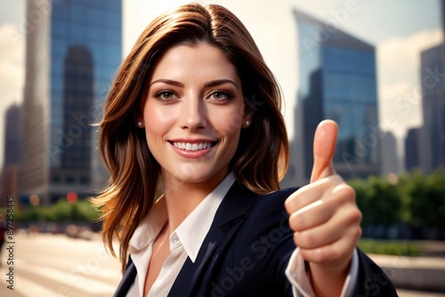 Smiling businesswoman giving thumbs up approval background of corporate office skyscrapers in city © Kheng Guan Toh