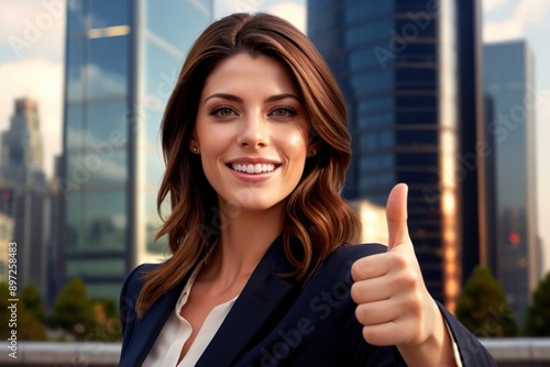Smiling businesswoman giving thumbs up approval background of corporate office skyscrapers in city © Kheng Guan Toh