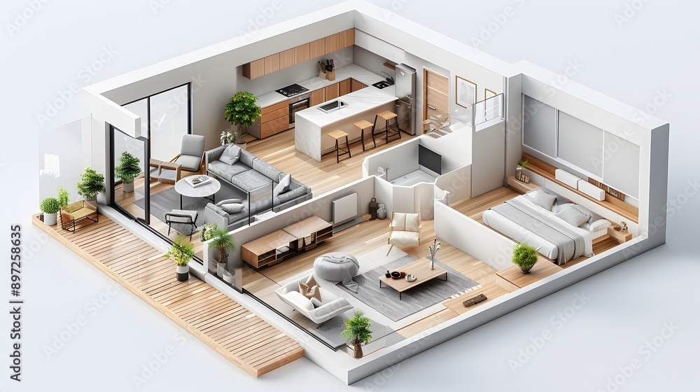 3D floor plan, modern apartment layout, isometric view, minimalist ...