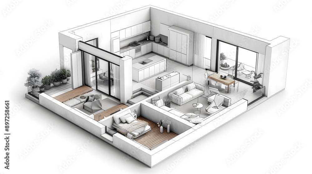 3D floor plan, modern apartment layout, isometric view, minimalist interior design, white and beige color scheme, living room, bedroom, kitchen, bathroom. 3D floor plan, modern apartment layout, isometric view, minimalist interior design, white and beige color scheme, living room, bedroom, kitchen, bathroom.