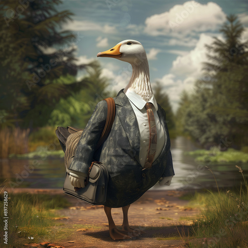 Anthropomorphic goose wearing a suit and carrying a bag in nature scene